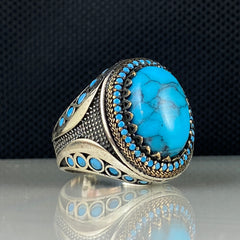 Blue Turquoise Stone 925 Sterling Silver Men Ring