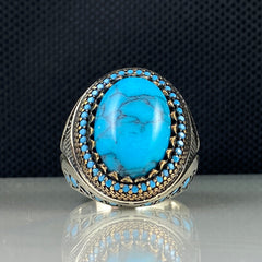 Blue Turquoise Stone 925 Sterling Silver Men Ring