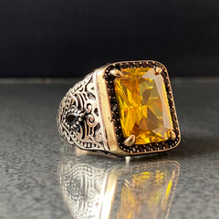 Yellow Citrine Gemstone 925 Silver Men Ring