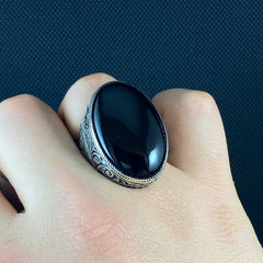 Large Oval Black Onyx Gemstone 925 Sterling Silver Ring For Men