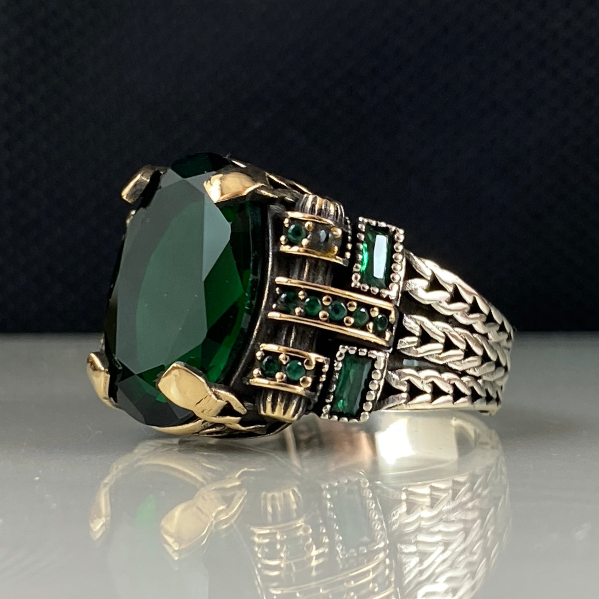 Green Emerald Stone 925 Solid Silver Men Handmade Ring