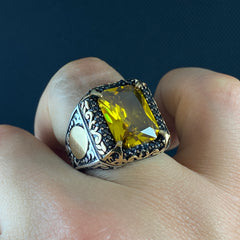 Yellow Citrine Gemstone 925 Solid Silver Men Ring