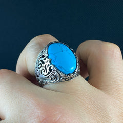 Oval Blue Turquoise Stone 925 Solid Silver Handmade Men Ring