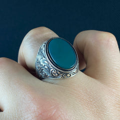 Hand Engraved 925 Silver Green Agate Stone Ring