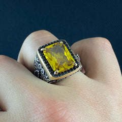 Yellow Citrine Gemstone 925 Silver Men Ring