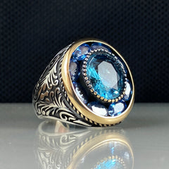 Aquamarine 925 Sterling Silver Men Ring