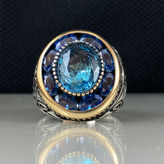 Aquamarine 925 Sterling Silver Men Ring