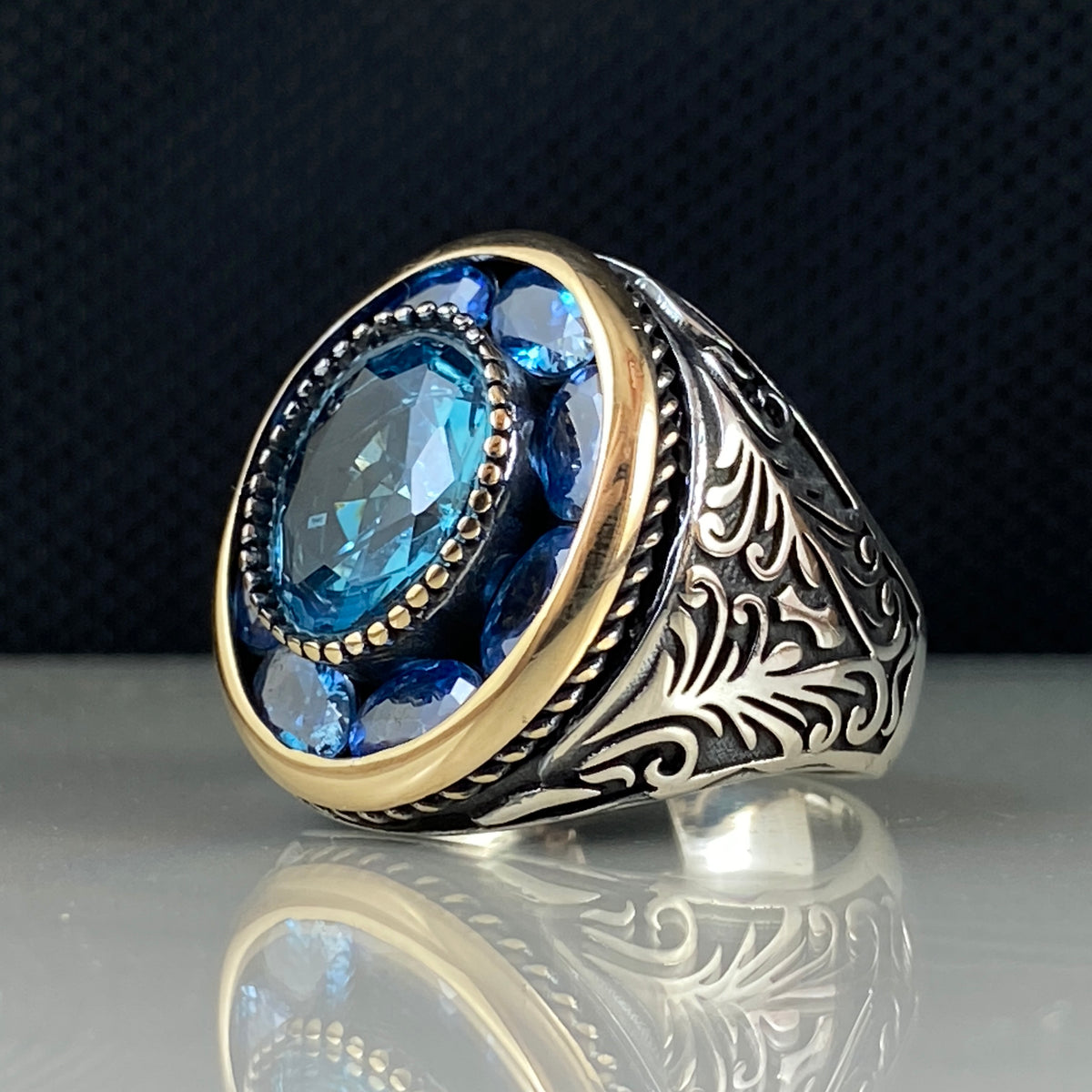 Aquamarine 925 Sterling Silver Men Ring