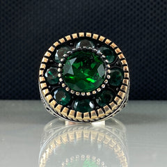 Emerald Gemstone 925 Solid Silver Handmade Men Ring