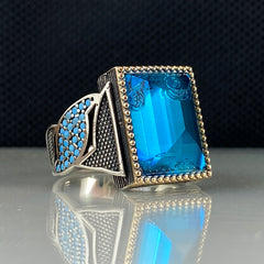 Aquamarine 925 Solid Silver Men Handmade Ring