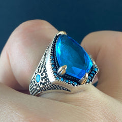 Aquamarine Gemstone 925 Solid Silver Men Turkish Handmade Ring