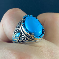 Oval Turquoise Gemstone 925 Solid Silver Men Handmade Ring