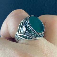 Eagle Head Green Agate Gemstone 925 Sterling Silver Men Ring