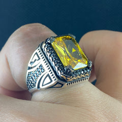 Yellow Citrine Gemstone 925 Sterling Silver Men Handmade Ring