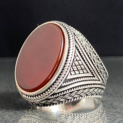 925 Sterling Silver Red Agate Gemstone Handmade Men Ring