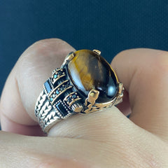 Tiger Eye Gemstone 925 Sterling Silver Turkish Handmade Ring