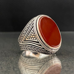 925 Sterling Silver Red Agate Gemstone Handmade Men Ring