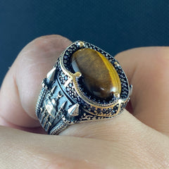 Brown Mosque Tiger Eye Stone 925 Sterling Silver Men Handmade Ring