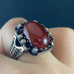 Red Gemstone 925 Sterling Silver Agate Handmade Turkish Ring