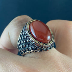 Red Agate Gemstone 925 Sterling Silver Men Ring