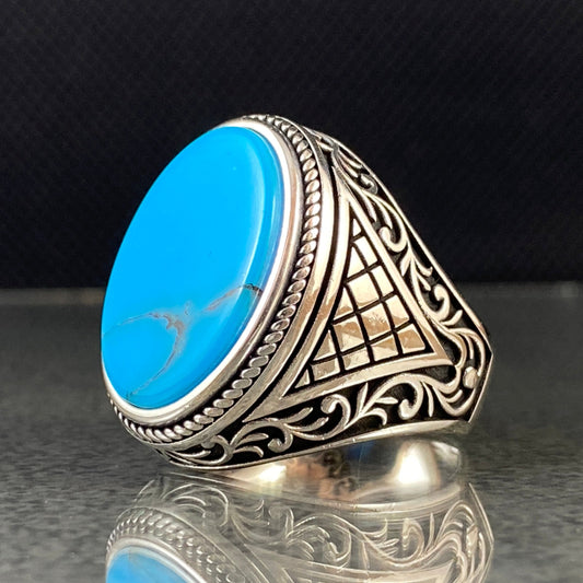 Oval Blue Turquoise Gemstone 925 Solid Silver Handmade Ring