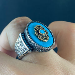 Oval Classic Turquoise Stone 925 Solid Silver Men Ring