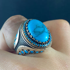 Blue Turquoise Stone 925 Sterling Silver Men Ring