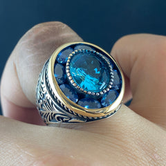 Aquamarine 925 Sterling Silver Men Ring