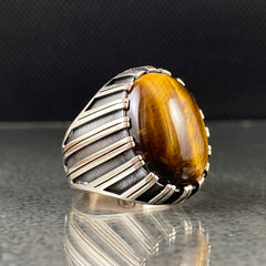 Oval Brown Tiger Eye 925 Solid Silver Handmade Ring