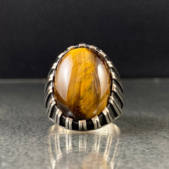 Oval Brown Tiger Eye 925 Solid Silver Handmade Ring