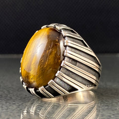 Oval Brown Tiger Eye 925 Solid Silver Handmade Ring