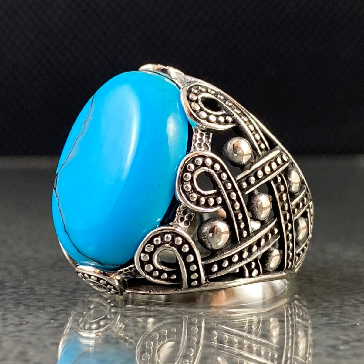 Oval Turquoise Stone 925 Sterling Silver Handmade Men Ring