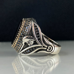 Classic Animal Eagle 925 Sterling Silver Onyx Stone Ring