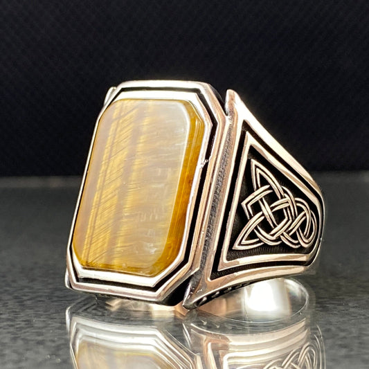 Brown Tiger Eye Stone 925 Silver Men Ring