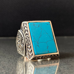 Large Turquoise Stone 925 Silver Handmade Men Ring