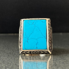 Large Turquoise Stone 925 Silver Handmade Men Ring