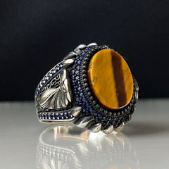 Brown Eagle Head Tiger Eye Gemstone 925 Sterling Silver Men Ring