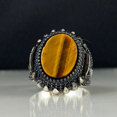 Brown Eagle Head Tiger Eye Gemstone 925 Sterling Silver Men Ring