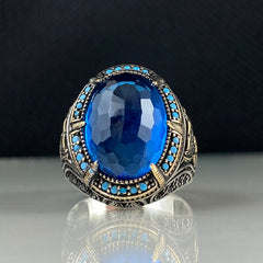 Aquamarine Blue Color 925 Sterling Silver Men Handmade Ring