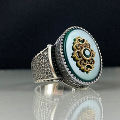 Classic Turkish Handmade Green Agate Stone 925 Sterling Silver Men Ring