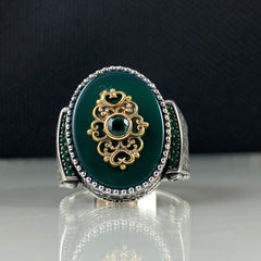 Classic Turkish Handmade Green Agate Stone 925 Sterling Silver Men Ring