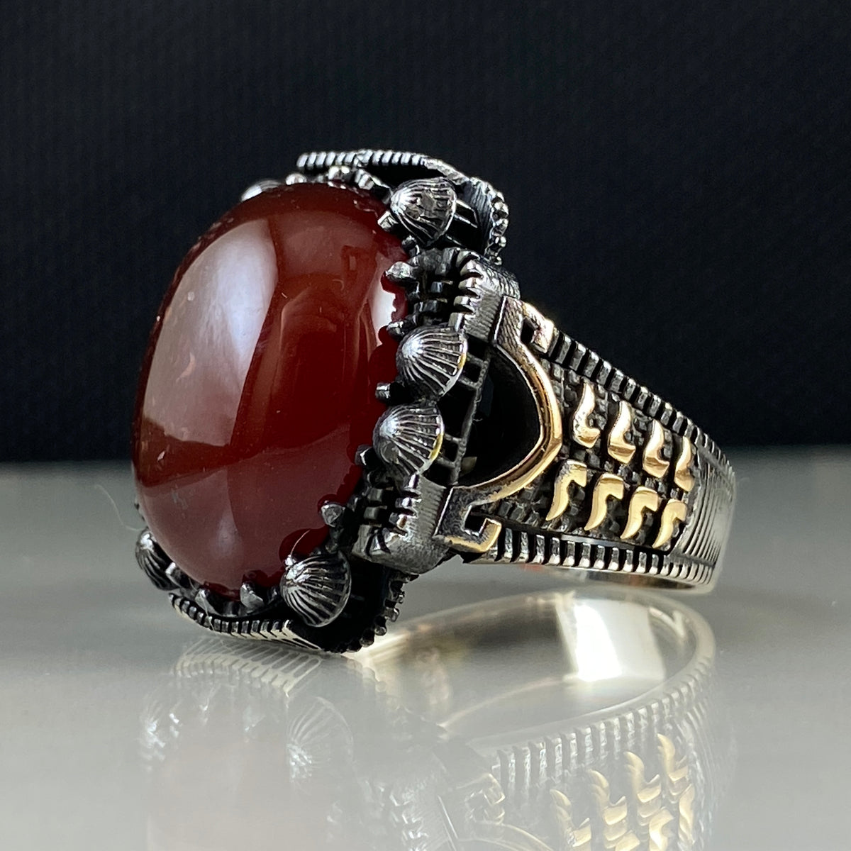 Agate Stone Red Color Turkish Handmade 925 Sterling Silver Men Ring