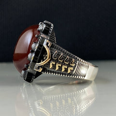 Agate Stone Red Color Turkish Handmade 925 Sterling Silver Men Ring