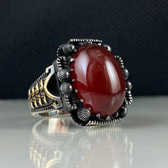 Agate Stone Red Color Turkish Handmade 925 Sterling Silver Men Ring