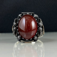 Agate Stone Red Color Turkish Handmade 925 Sterling Silver Men Ring