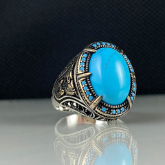 Oval Turquoise Gemstone 925 Sterling Silver Men Ring