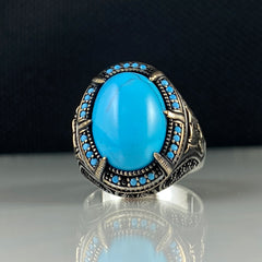 Oval Turquoise Gemstone 925 Sterling Silver Men Ring