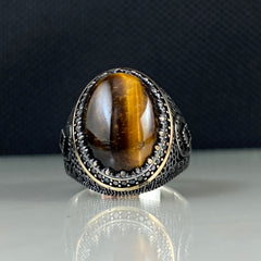 Brown Tiger Eye Gemstone 925 Solid Silver Ring