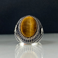 Brown Tiger Eye Head 925 Sterling Silver Men Handmade Ring