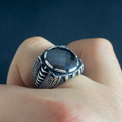 Round Black Onyx Gemstone 925 Silver Men Ring